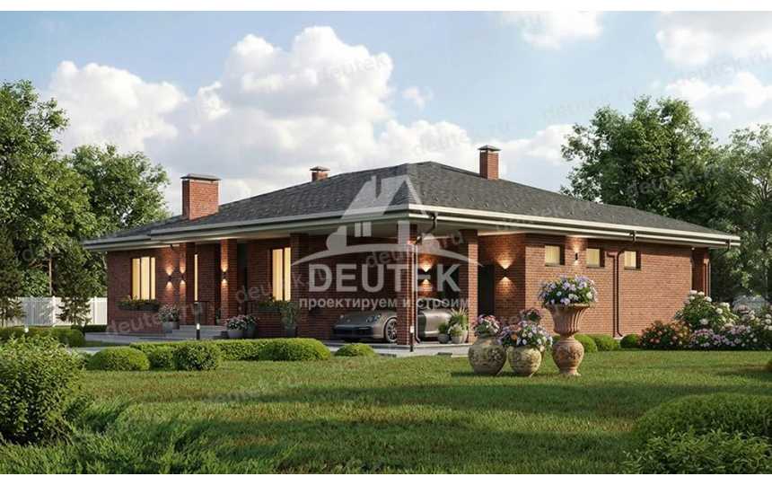 Проект квадратного одноэтажного дома с гаражом и верандой - LK-379