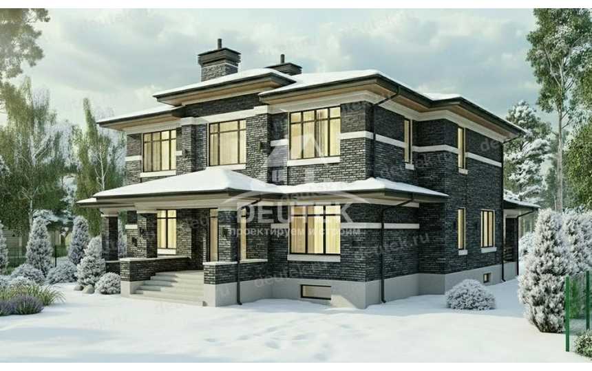 Проект двухэтажного дома 368 м² с подвалом — 4 спальни, кабинет и терраса 49,88 м² - LK-565