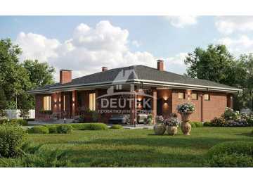 Проект квадратного одноэтажного дома с гаражом и верандой - LK-379